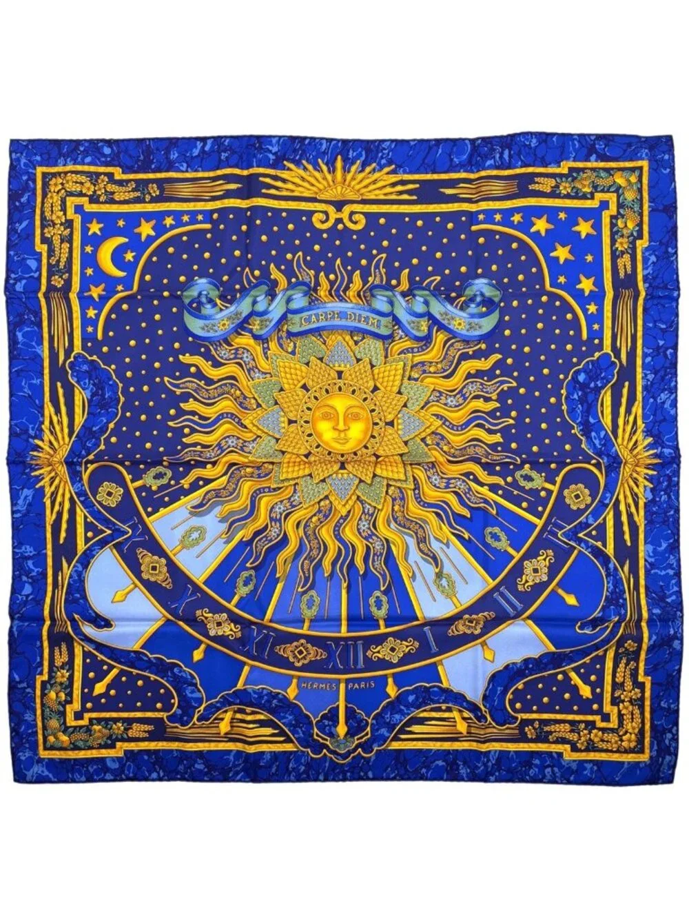 Hermes Carre 90 Carpe Diem Enjoy Your Day Sun Moon Star Scarf Silk Blue